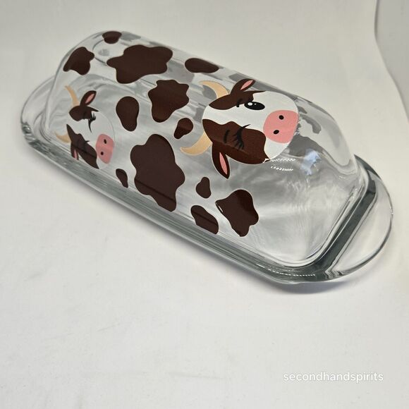 Glass Butter Dish with Lid: Stylish Cow Design Pastoral Print - Picture 2 of 6